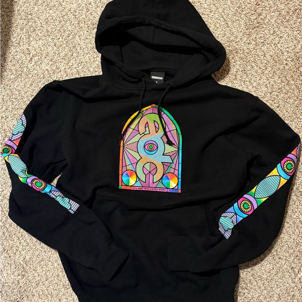 EDC Insomniac Black Hoodie with Colorful Geometric Design